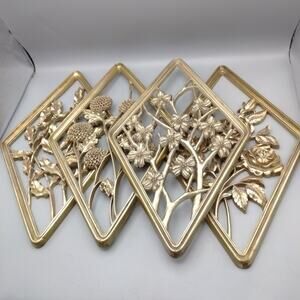 Vintage Syroco Four Seasons Flowers Diamond Wall Plaque Gold Floral Decor Retro